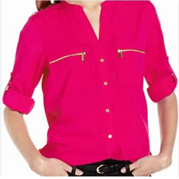 Calvin Klein Tops - Calvin Klein Hot Pink Zip-Pocket Roll-Tab Sleeve Blouse | XL